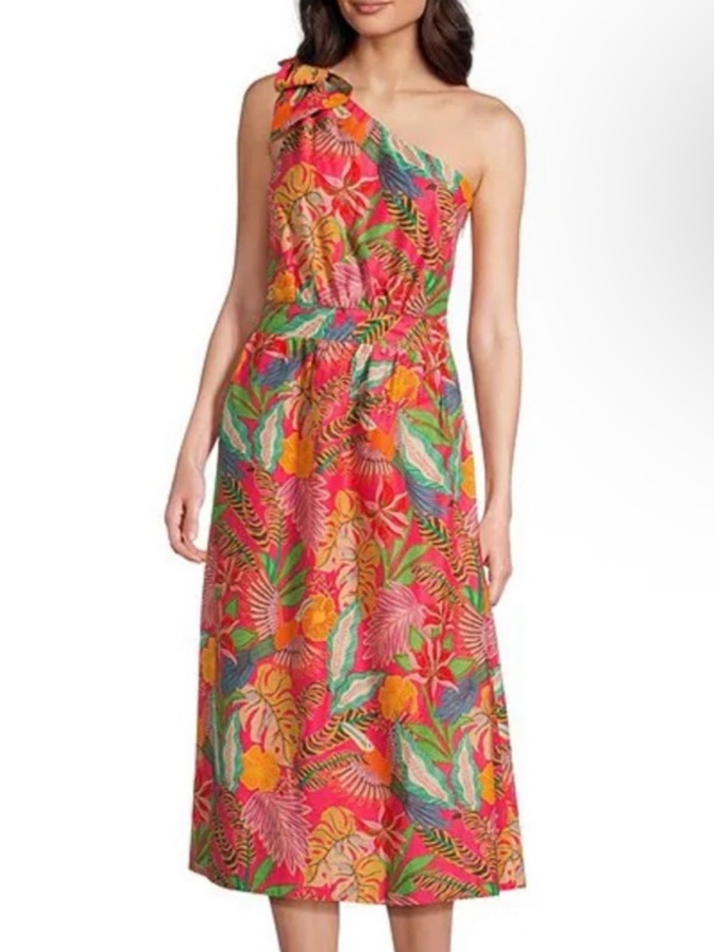 Gibson Latimer One-Shoulder Tropical Floral Midi Dress in Coral and Green